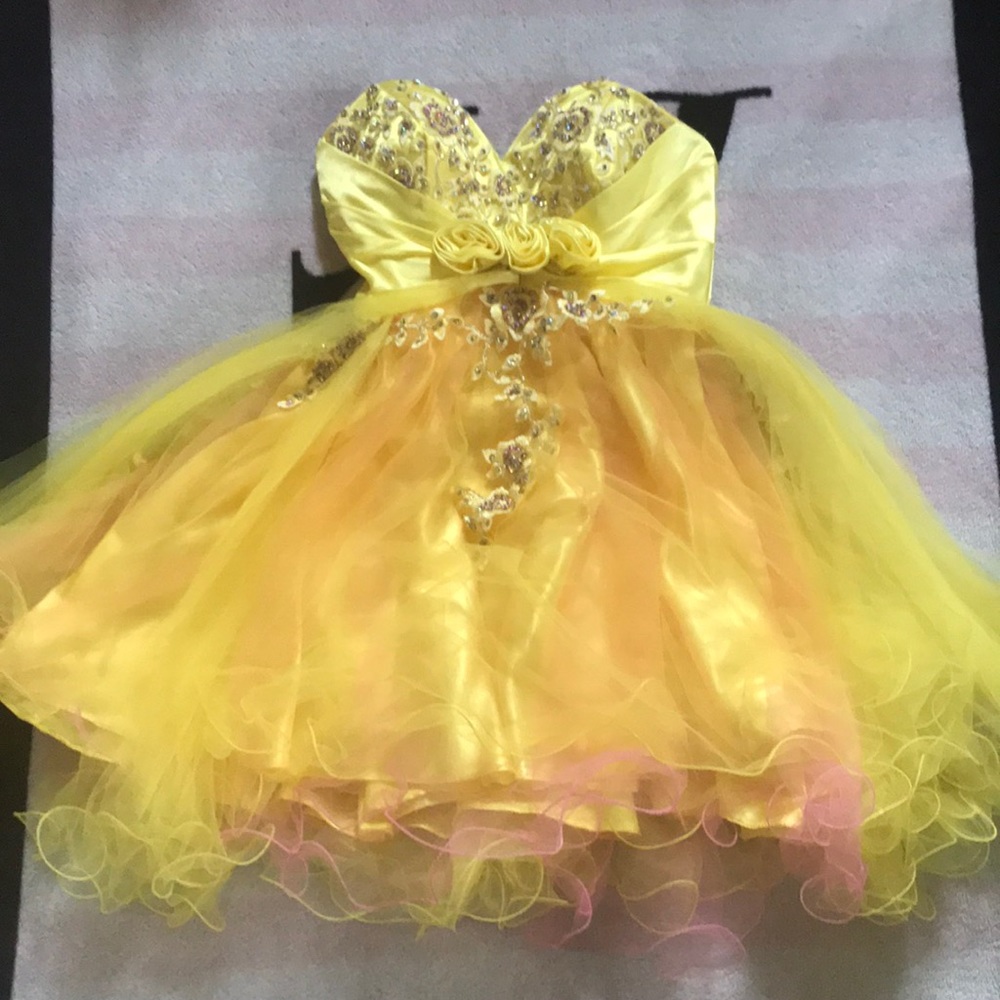 Strapless yellow and pink dance dress